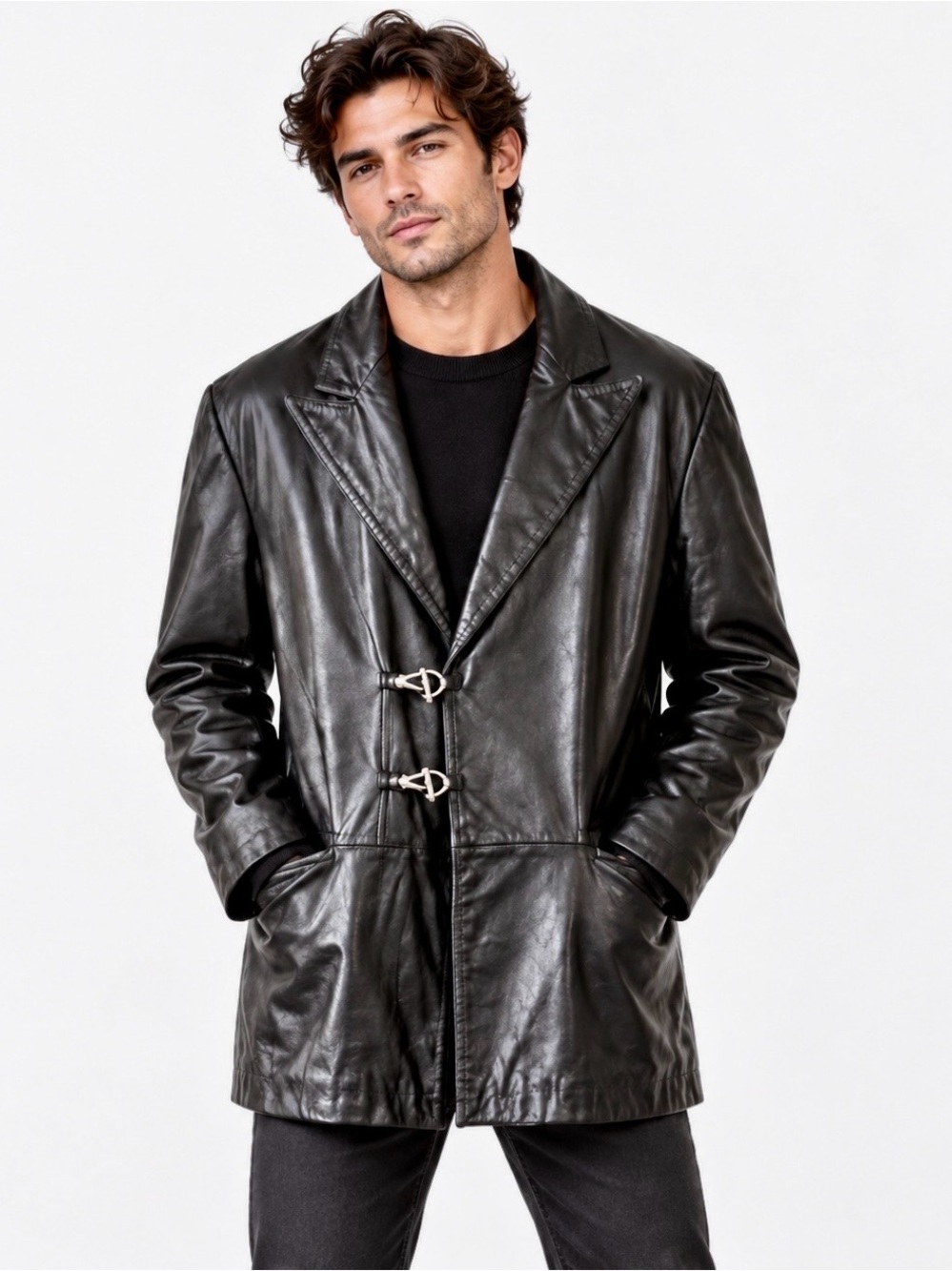 Vintage Jack Edwards Black Lambskin Leather Toggle Car Coat - Size L